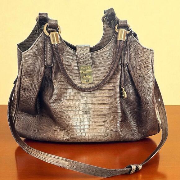 Brahmin Elisa Bag Sable Gold Satchel Purse Lizard - Picture 1 of 16